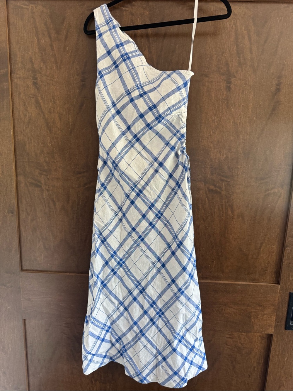 NWT Madewell Ruched One-Shoulder Midi Dress In Oversized Blue and White Plaid